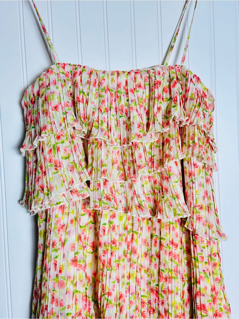 Something Navy Floral Pleated Tiered Dress S Romantic Chiffon Ruffle Pull On. - Picture 8 of 13